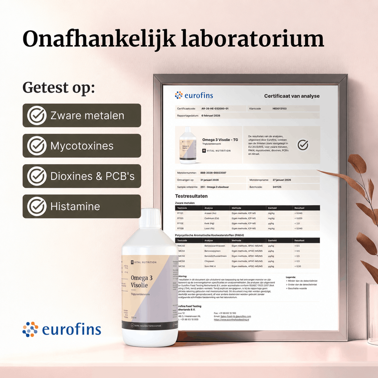 Certificaat van analyse - Vital Nutrition Omega 3 visolie - TG