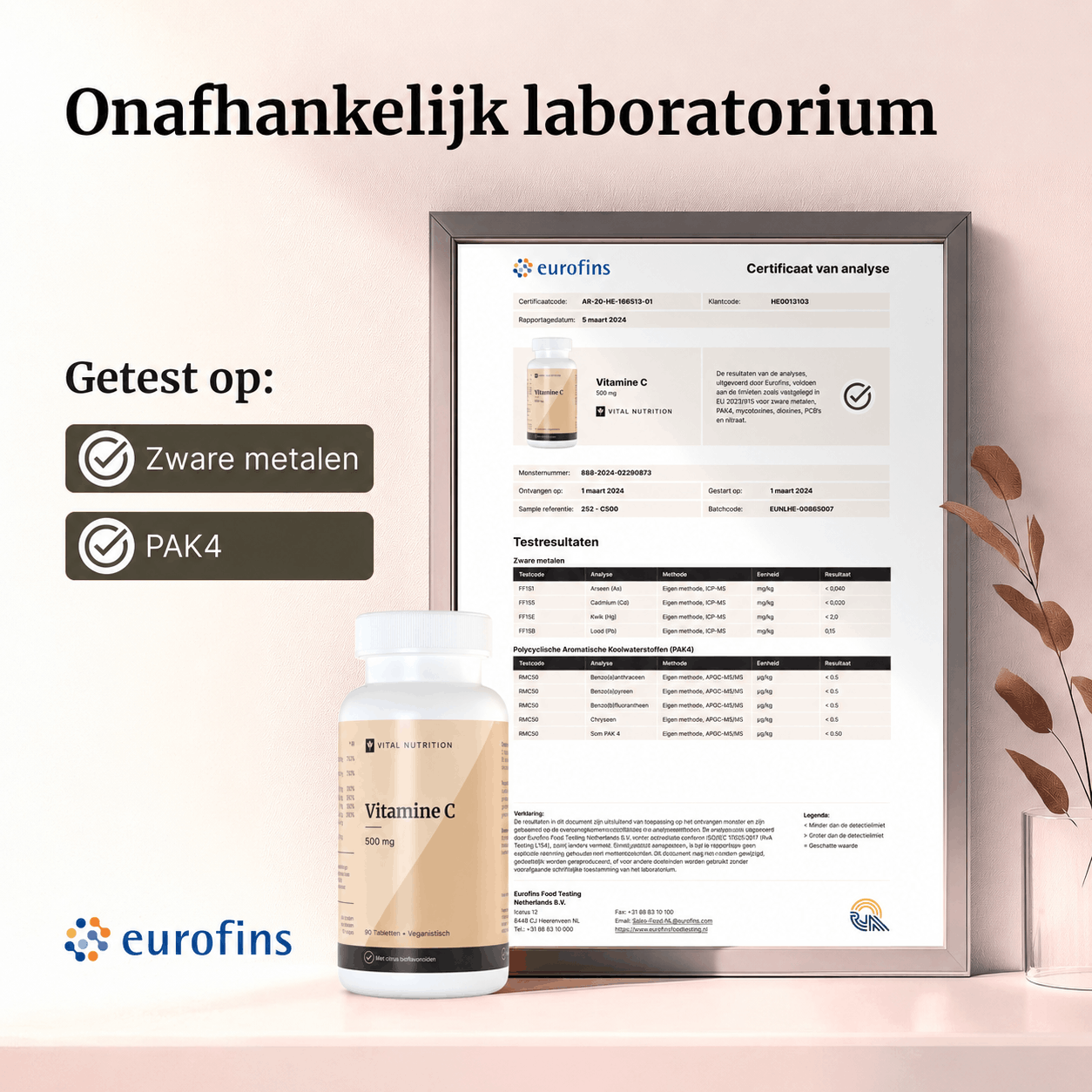 Certificaat van analyse - Vital Nutrition Vitamine C 500 mg
