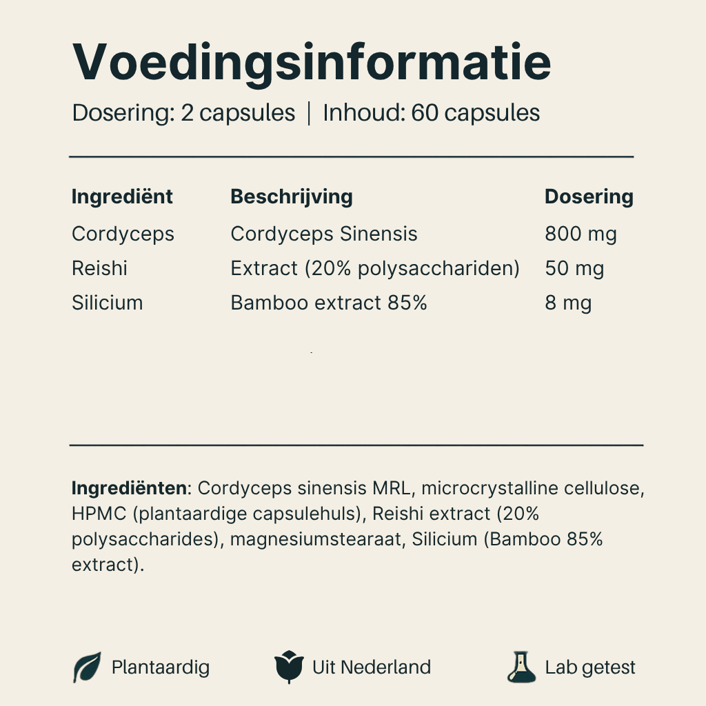 Voedingsinformatie van Cordyceps Vital Nutrition