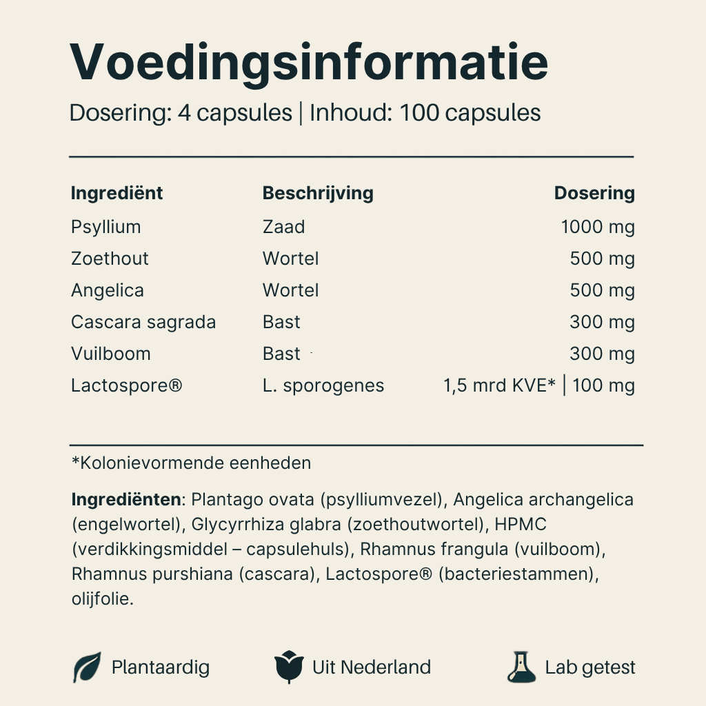 Voedingsinformatie van Vital Nutrition Darm Complex