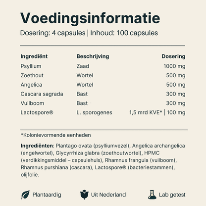 Voedingsinformatie van Vital Nutrition Darm Complex
