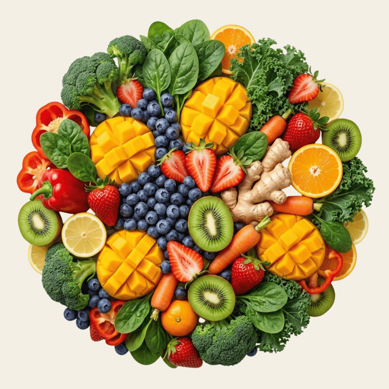 Verse groenten en fruit in een kleurrijke ronde compositie