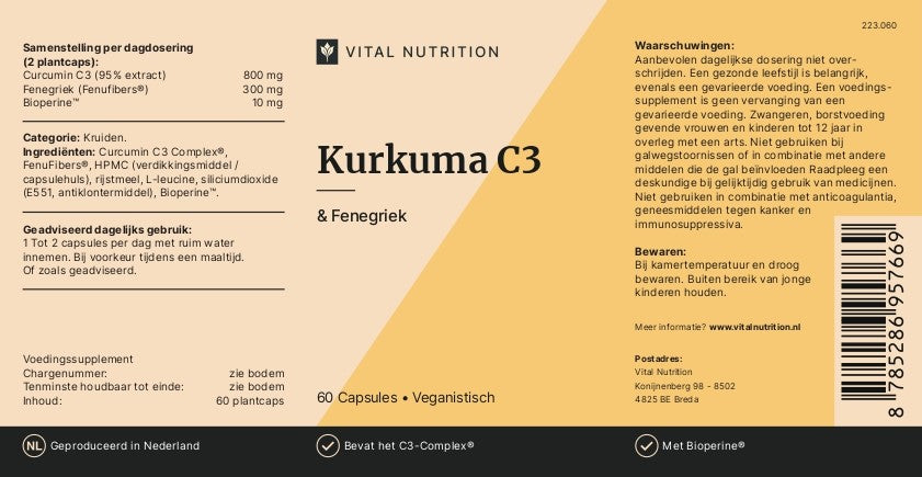 Voedingswaardelabel van Vital Nutrition Kurkuma C3 & Fenegriek