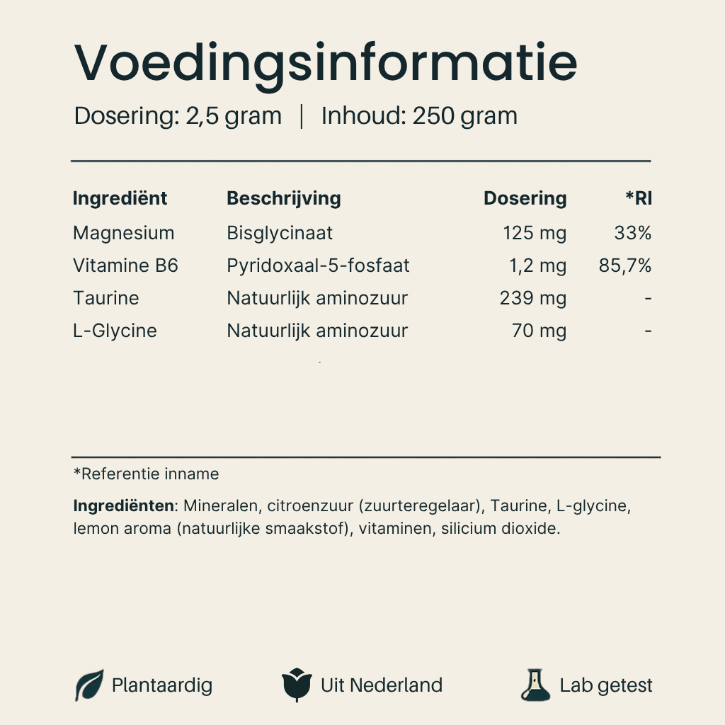Voedingsinformatie Magnesium Bisglycinaat Poeder van Vital Nutrition