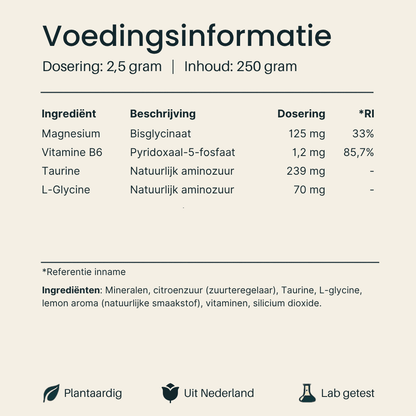 Voedingsinformatie Magnesium Bisglycinaat Poeder van Vital Nutrition