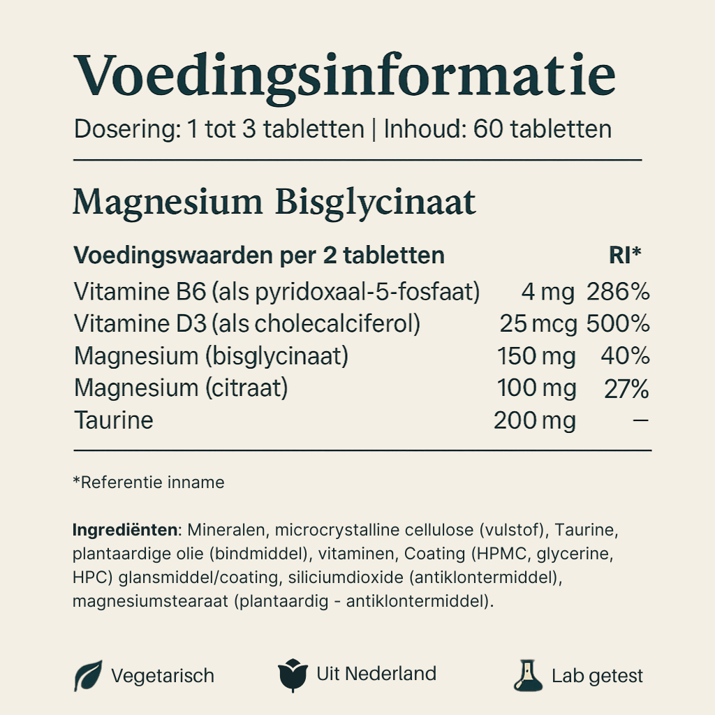 Voedingsinformatie Magnesium Bisglycinaat Vital Nutrition