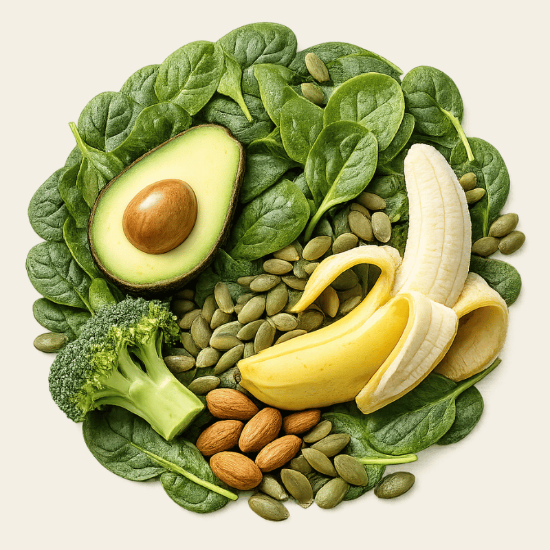 Gehalveerde avocado, verse spinazie, banaan, amandelen en pompoenpitten als bronnen van magnesium