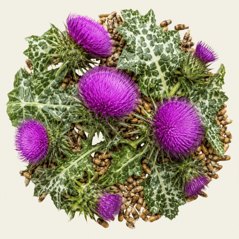 Paarse mariadistelbloemen met zilvergroen gevlekte bladeren en lichtbruine zaden