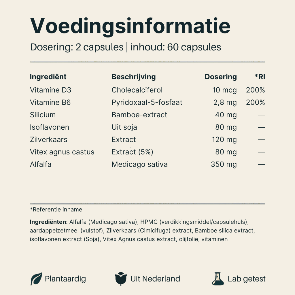Voedingsinformatie van Vital Nutrition Menopauze Complex