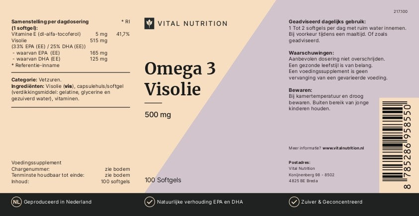 Voedingswaardelabel van Omega 3 - 500mg Vital Nutrition