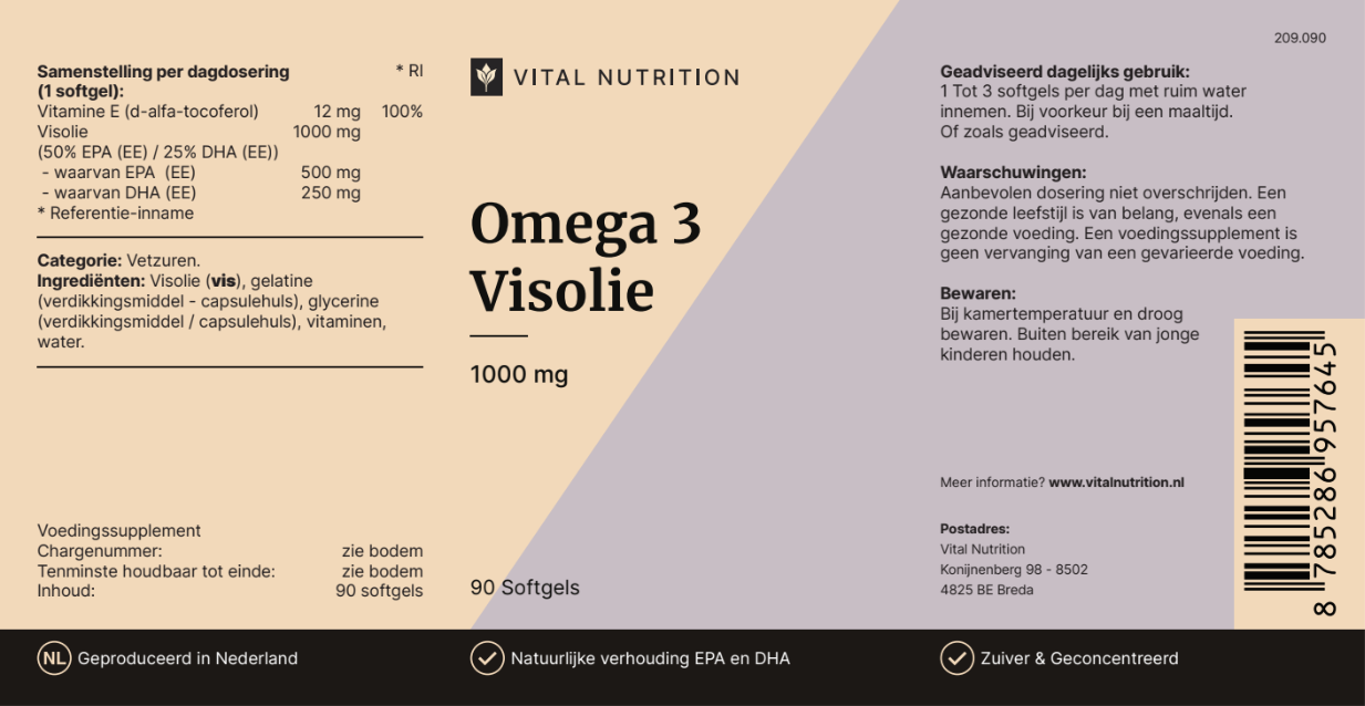 Omega 3 Visolie van Vital Nutrition voedingswaardelabel