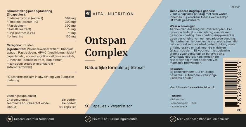 Voedingswaardelabel van Vital Nutrition Ontspan Complex