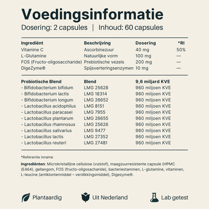 Afbeelding met voedingsinformatie en ingrediënten informatie van ProBio10 Complex Vital Nutrition