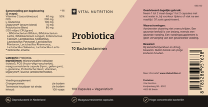 Probiotica van Vital Nutrition voedingswaardelabel