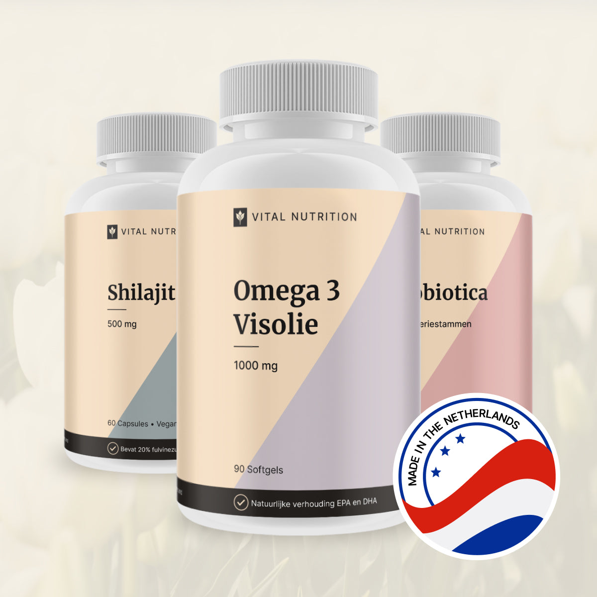 Omega 3 Visolie en 2 andere Vital Nutrition supplementen met productie in Nederland icoon