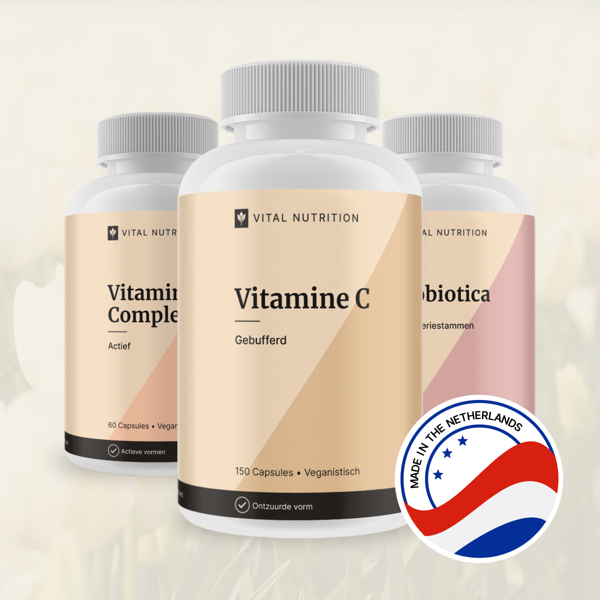 Vitamine C en 2 andere Vital Nutrition supplementen met productie in Nederland icoon