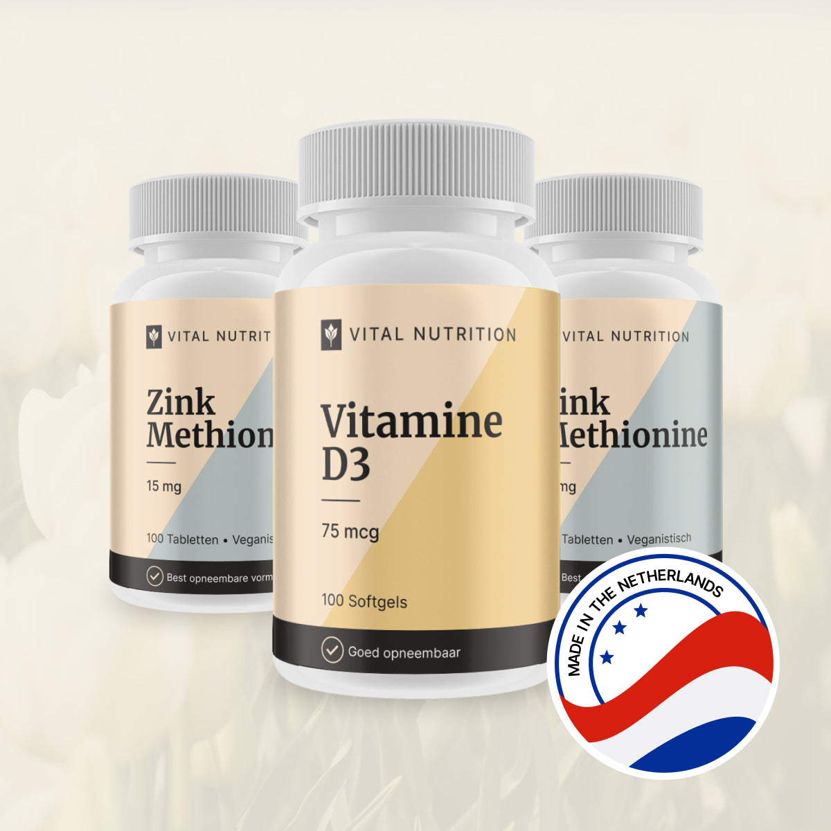 Vitamine D3 en 2 andere Vital Nutrition supplementen met productie in Nederland icoon