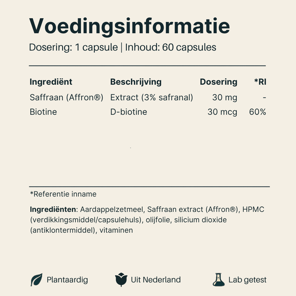 Voedingsinformatie van Vital Nutrition Saffraan