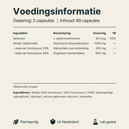 Voedingsinformatie Shilajit van Vital Nutrition