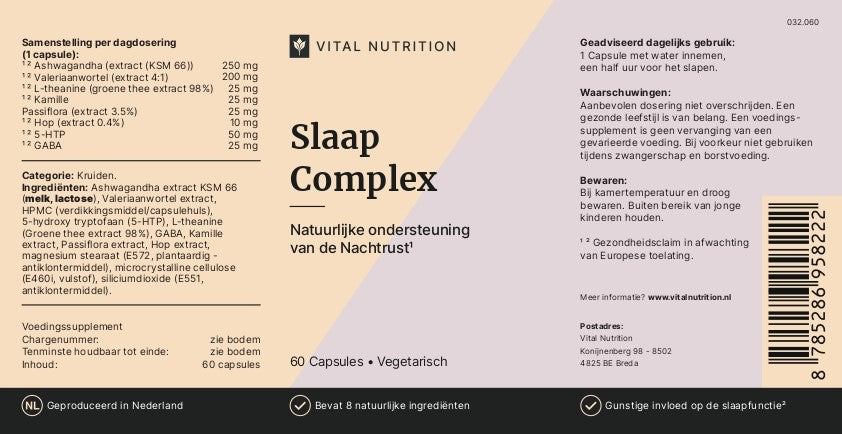 Voedingswaardelabel van Vital Nutrition Slaap Complex
