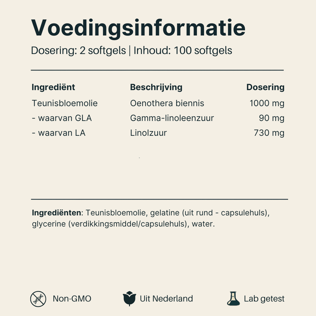 Voedingsinformatie van Vital Nutrition Teunisbloemolie
