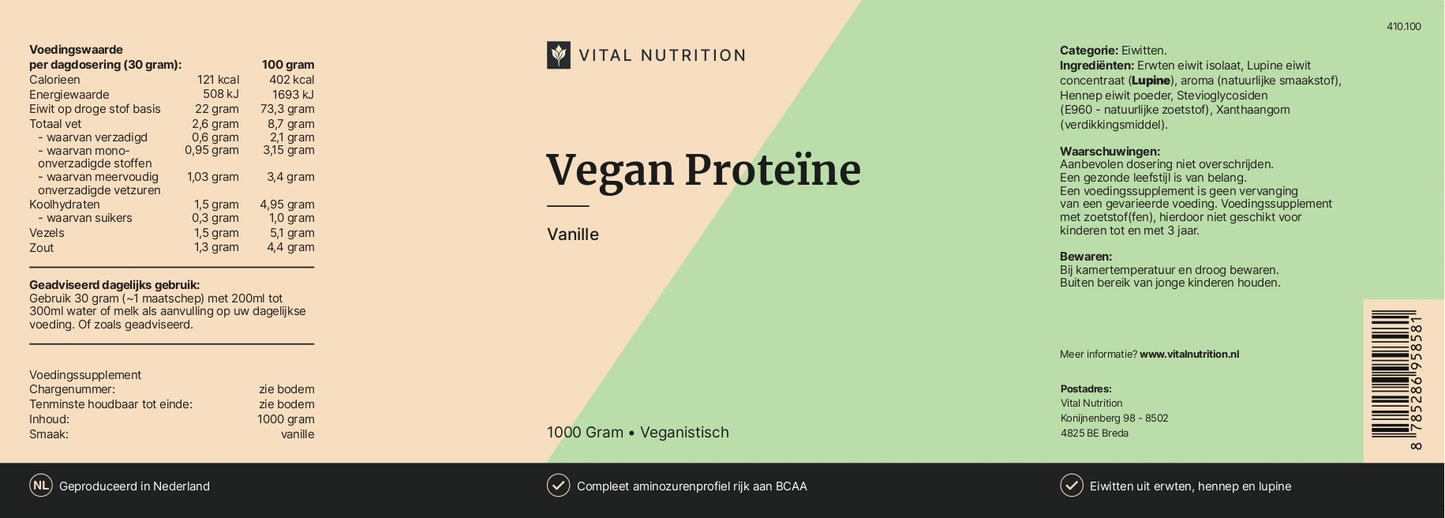 Voedingswaarde label van Vital Nutrition Vegan Proteïne