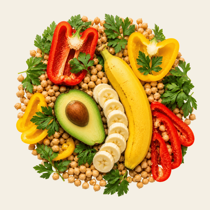 Banaan, rode en gele paprika, kikkererwten en avocado als natuurlijke bronnen van vitamine B6