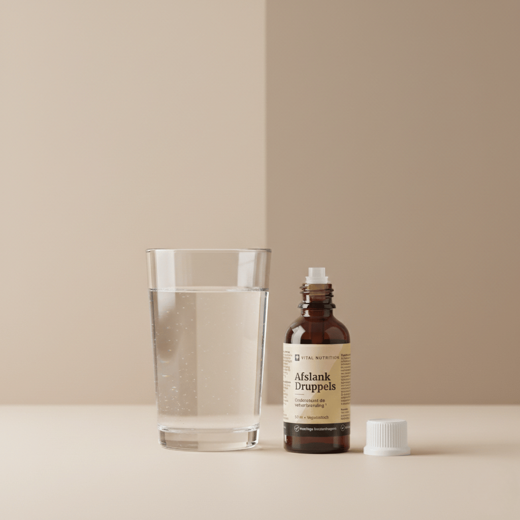 Afslank Druppels van Vital Nutrition op een beige minimalistische studio ondergrond met een glas water