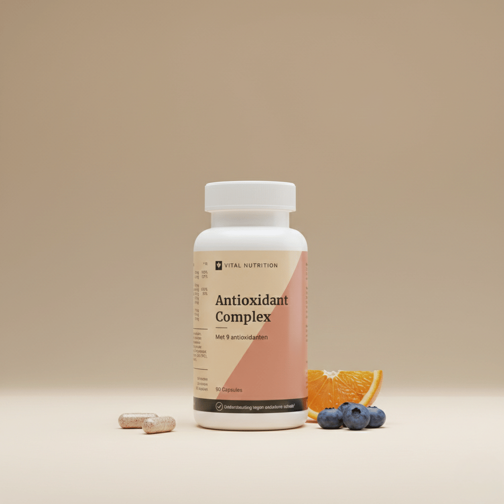 Antioxidanten Complex van Vital Nutrition op een beige minimalistische studio ondergrond met 2 capsules en fruit op de voorgrond