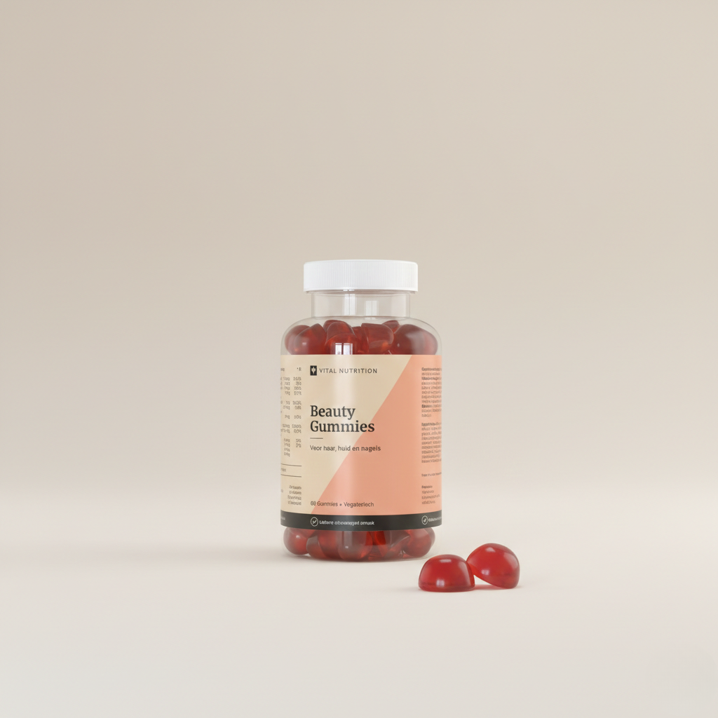Beauty Gummies van Vital Nutrition op een beige minimalistische studio ondergrond met 2 gummies op de voorgrond