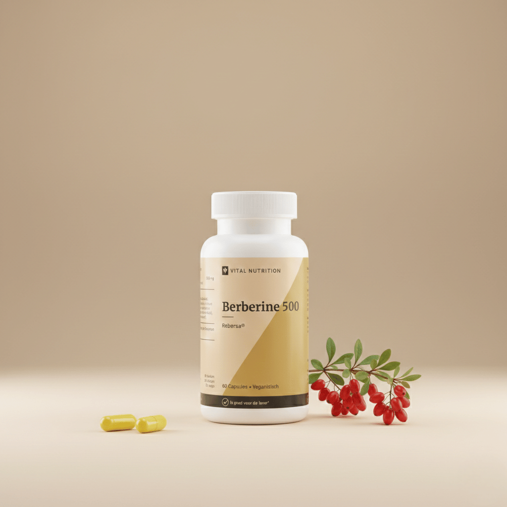 Berberine 500 van Vital Nutrition op een beige minimalistische studio ondergrond met 2 capsules en berberine plant met zuurbessen op de voorgrond