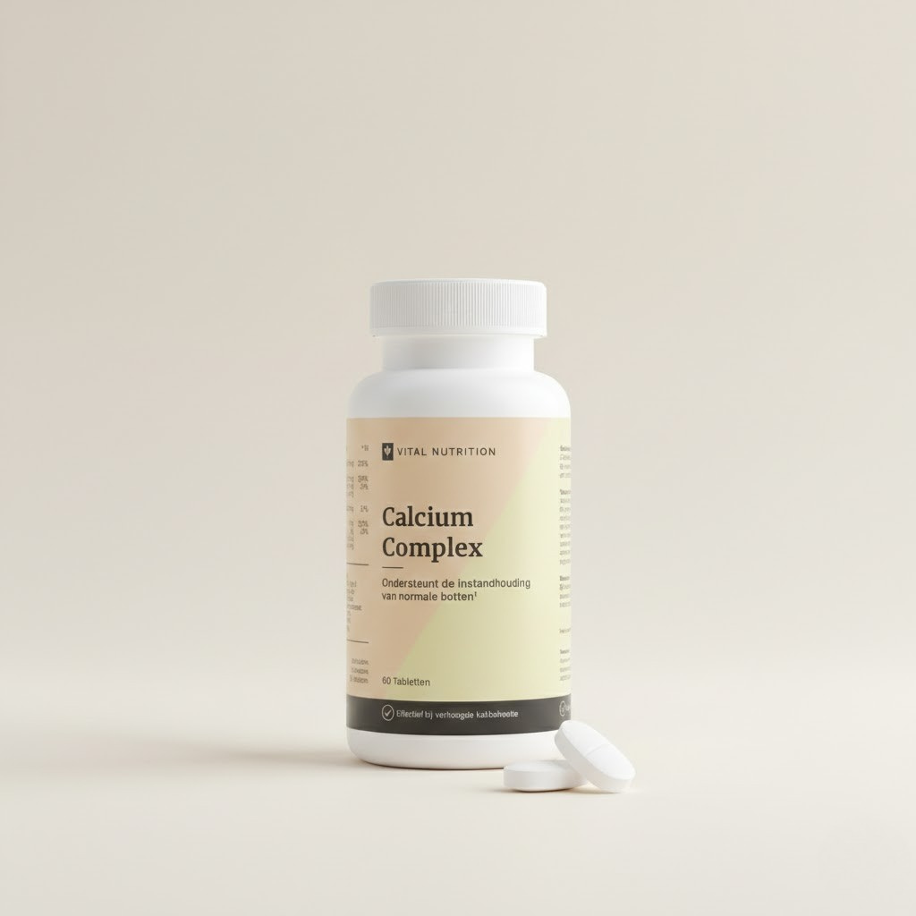 Calcium Complex van Vital Nutrition op een beige minimalistische studio ondergrond met 2 tabletten op de voorgrond