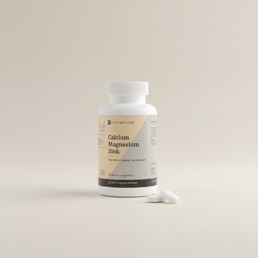 Calcium, magnesium en zink van Vital Nutrition op een beige minimalistische studio ondergrond met 2 tabletten op de voorgrond