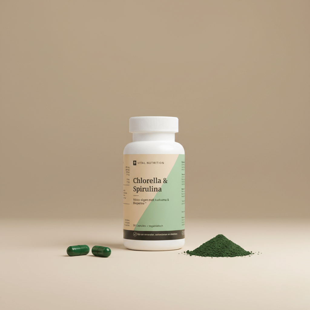 Chlorella & Spirulina van Vital Nutrition op een beige minimalistische studio ondergrond met 2 capsules en een hoopje chlorella poeder op de voorgrond