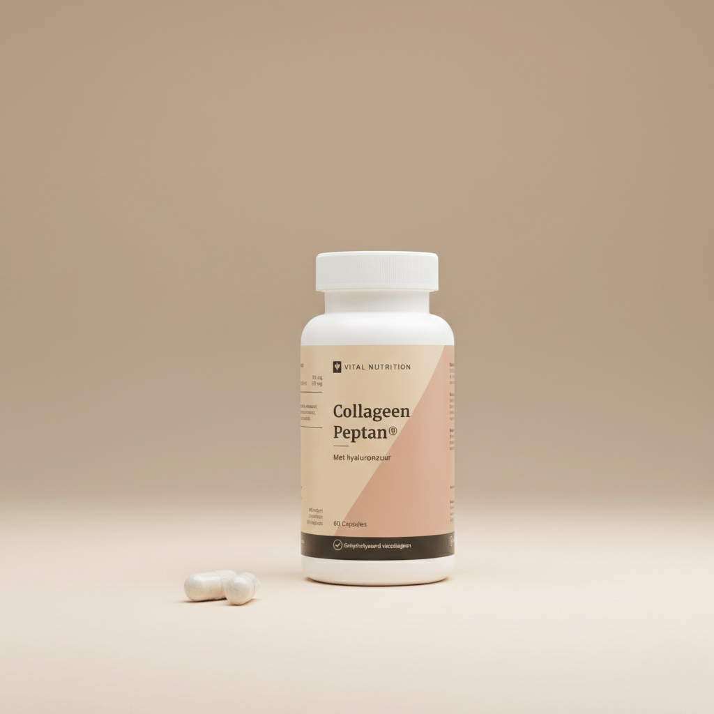 Collageen Peptan capsules van Vital Nutrition op een beige minimalistische studio ondergrond en 2 capsules op de voorgrond