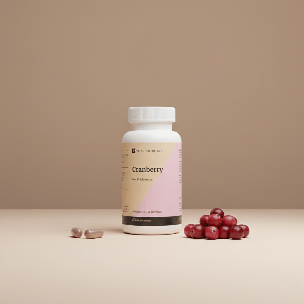Cranberry met D-mannose van Vital Nutrition op een beige minimalistische studio ondergrond met 2 capsules en cranberries op de voorgrond