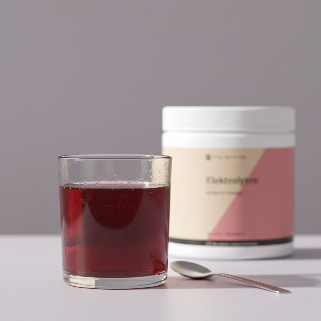 Elektrolyten van Vital Nutrition op een beige minimalistische studio ondergrond met lepel en glas water en elektrolyten op voorgrond