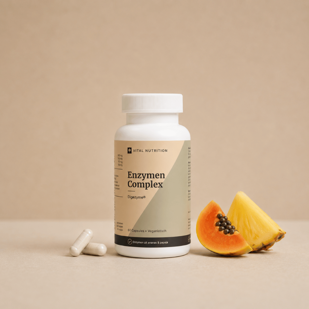 Enzymcomplex van Vital Nutrition op een beige minimalistische studio ondergrond met capsules, papaya en ananas