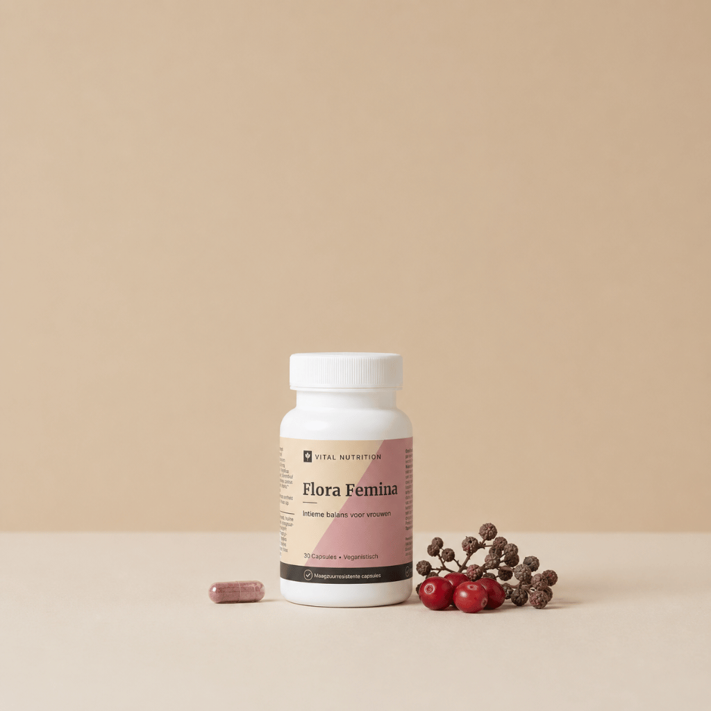 Flora Femina van Vital Nutrition op een beige minimalistische studio ondergrond met een capsule, cranberry en monnikspeper