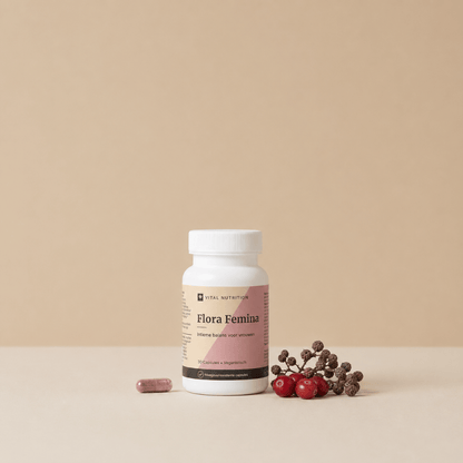 Flora Femina van Vital Nutrition op een beige minimalistische studio ondergrond met een capsule, cranberry en monnikspeper
