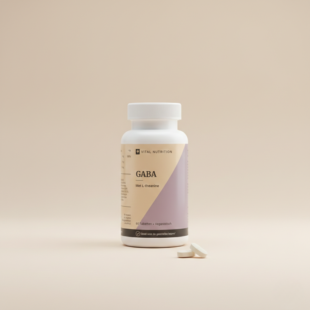 GABA van Vital Nutrition op een beige minimalistische studio ondergrond met 2 tabletten op de voorgrond
