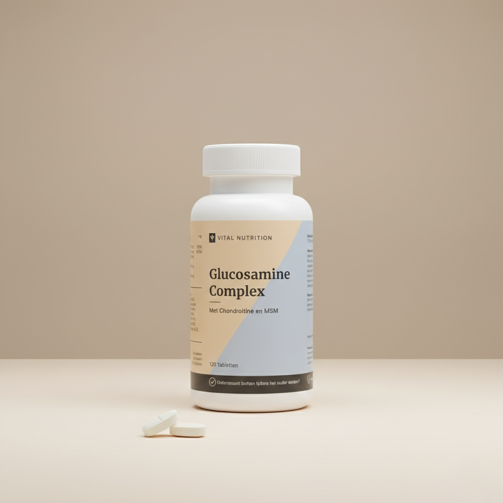 Glucosamine Complex van Vital Nutrition op een beige minimalistische studio ondergrond met 2 tabletten op de voorgrond