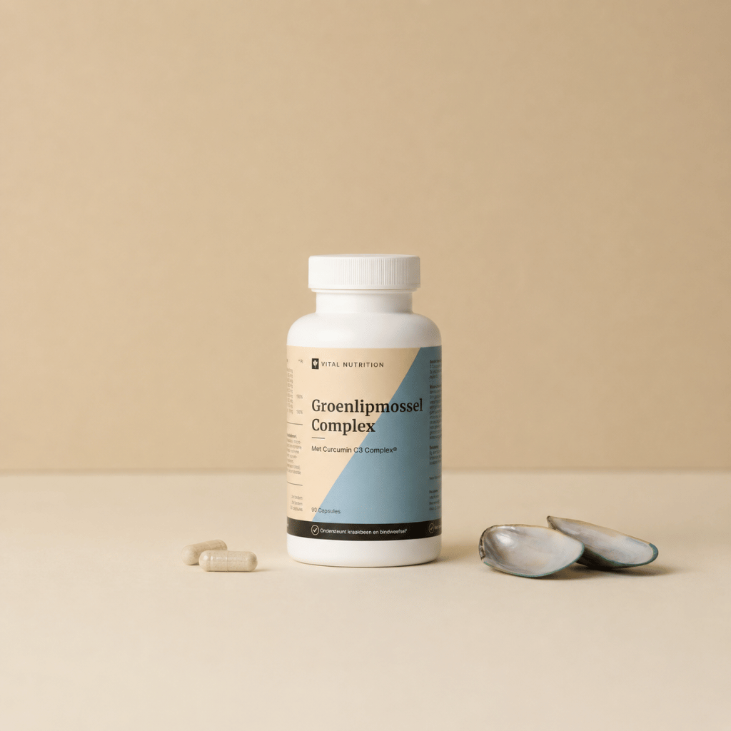 GroenLip Mosselcomplex van Vital Nutrition op een beige minimalistische studio ondergrond met capsules en groenlipmossel schelpen