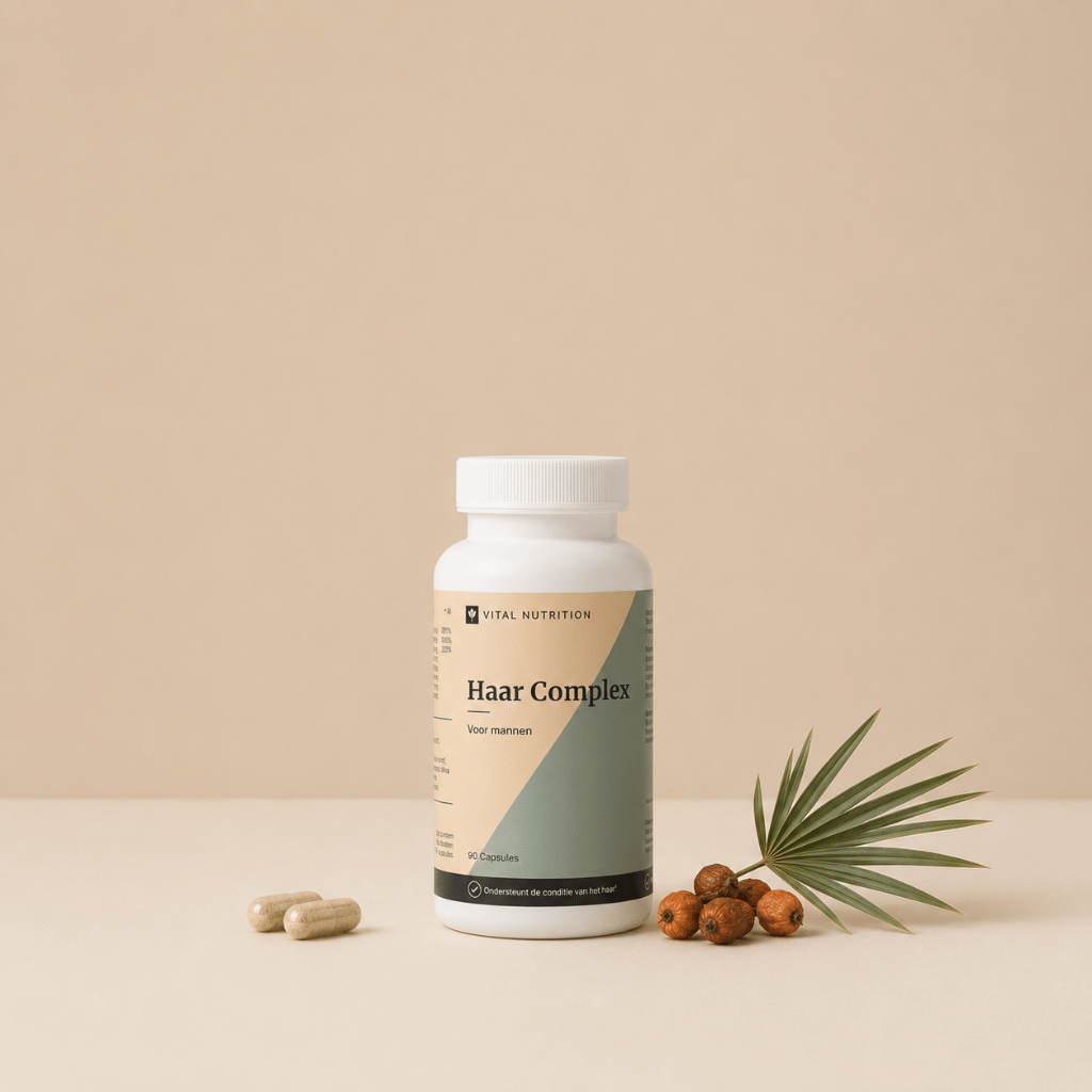 Haar Complex voor Mannen van Vital Nutrition op een beige minimalistische studio ondergrond met capsules en saw palmetto