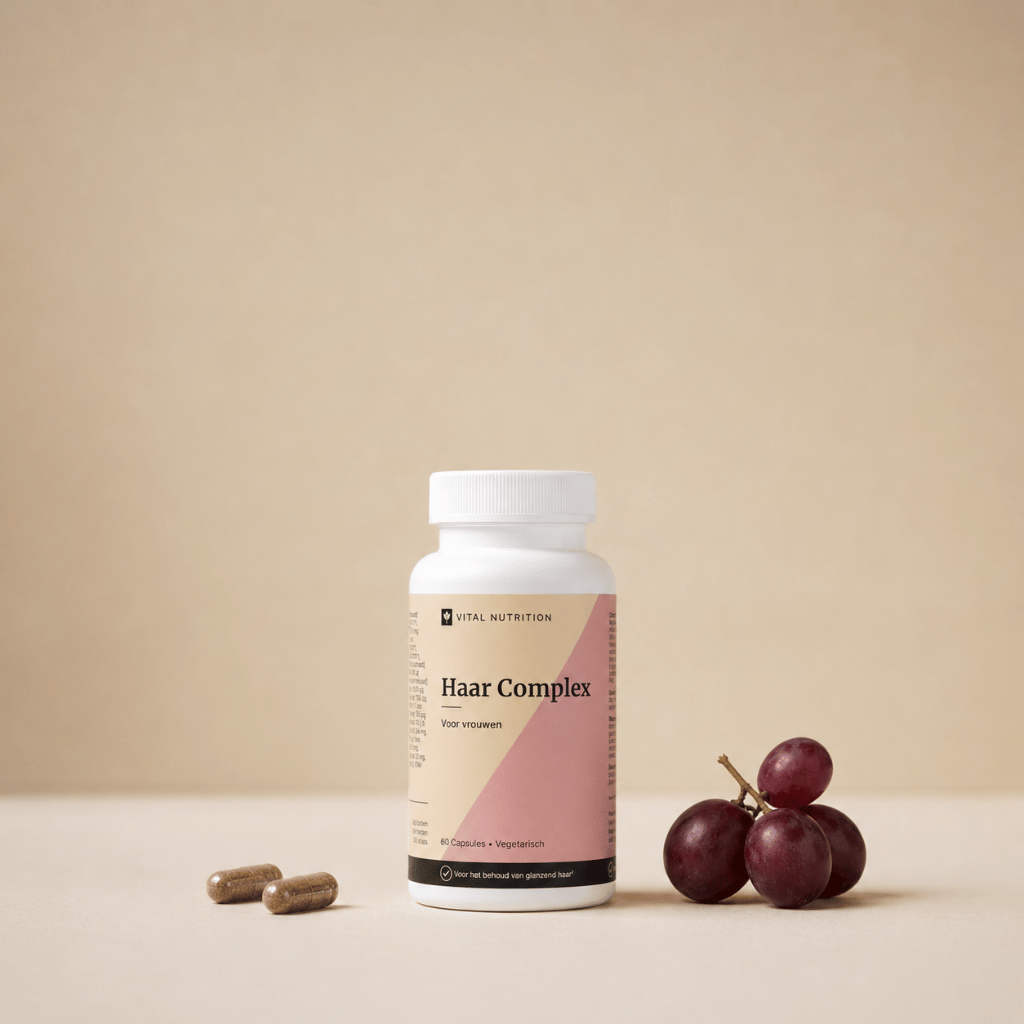 Haar Complex voor Vrouwen van Vital Nutrition op een beige minimalistische studio ondergrond met capsules en druiven