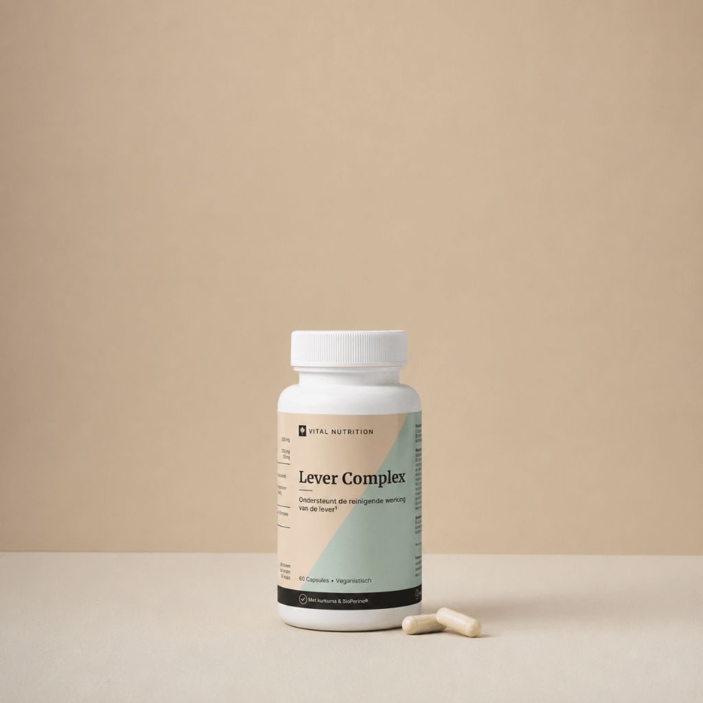Lever Complex van Vital Nutrition op een beige minimalistische studio ondergrond met capsules