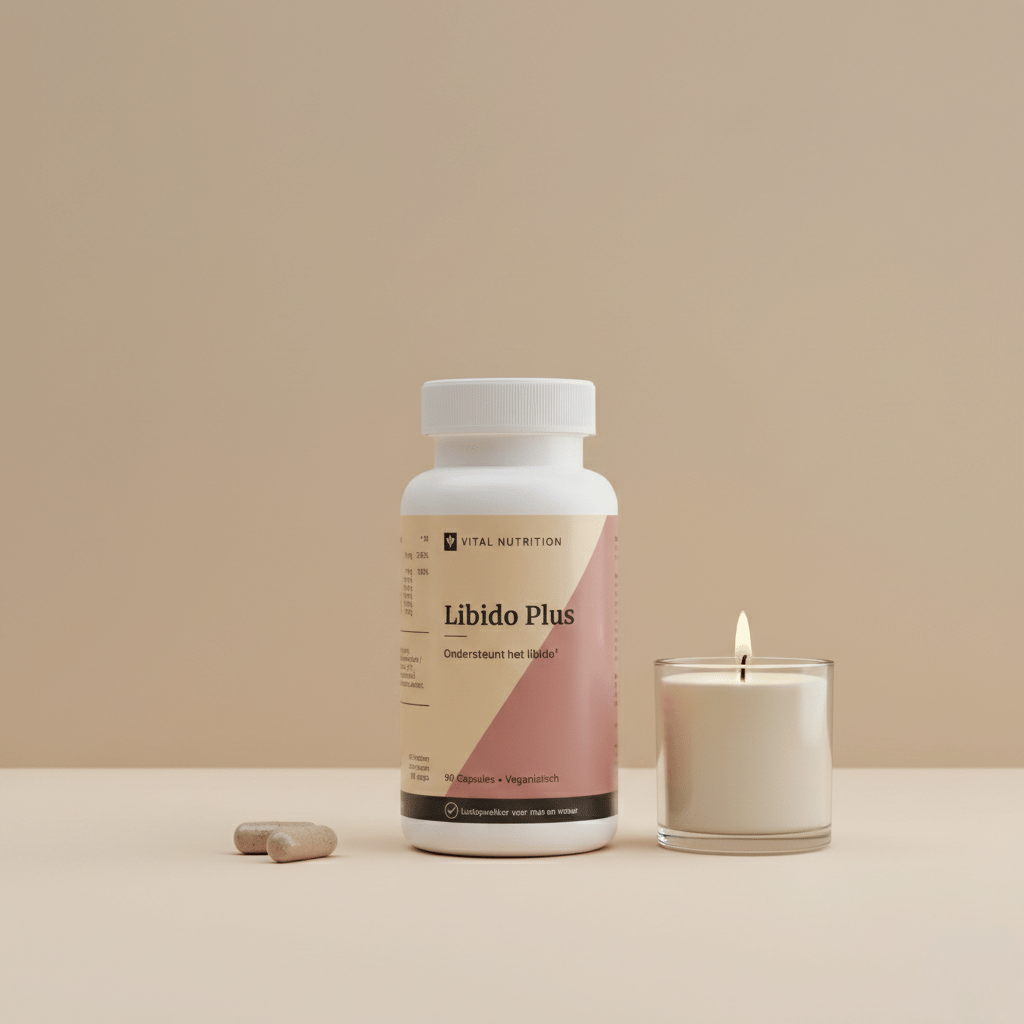 Libido Plus van Vital Nutrition op een beige minimalistische studio ondergrond met een brandende kaars