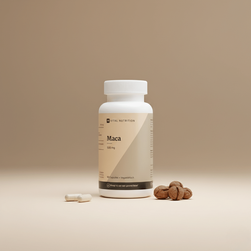 Maca van Vital Nutrition op een beige minimalistische studio ondergrond met 2 capsules en echte maca wortel op de voorgrond