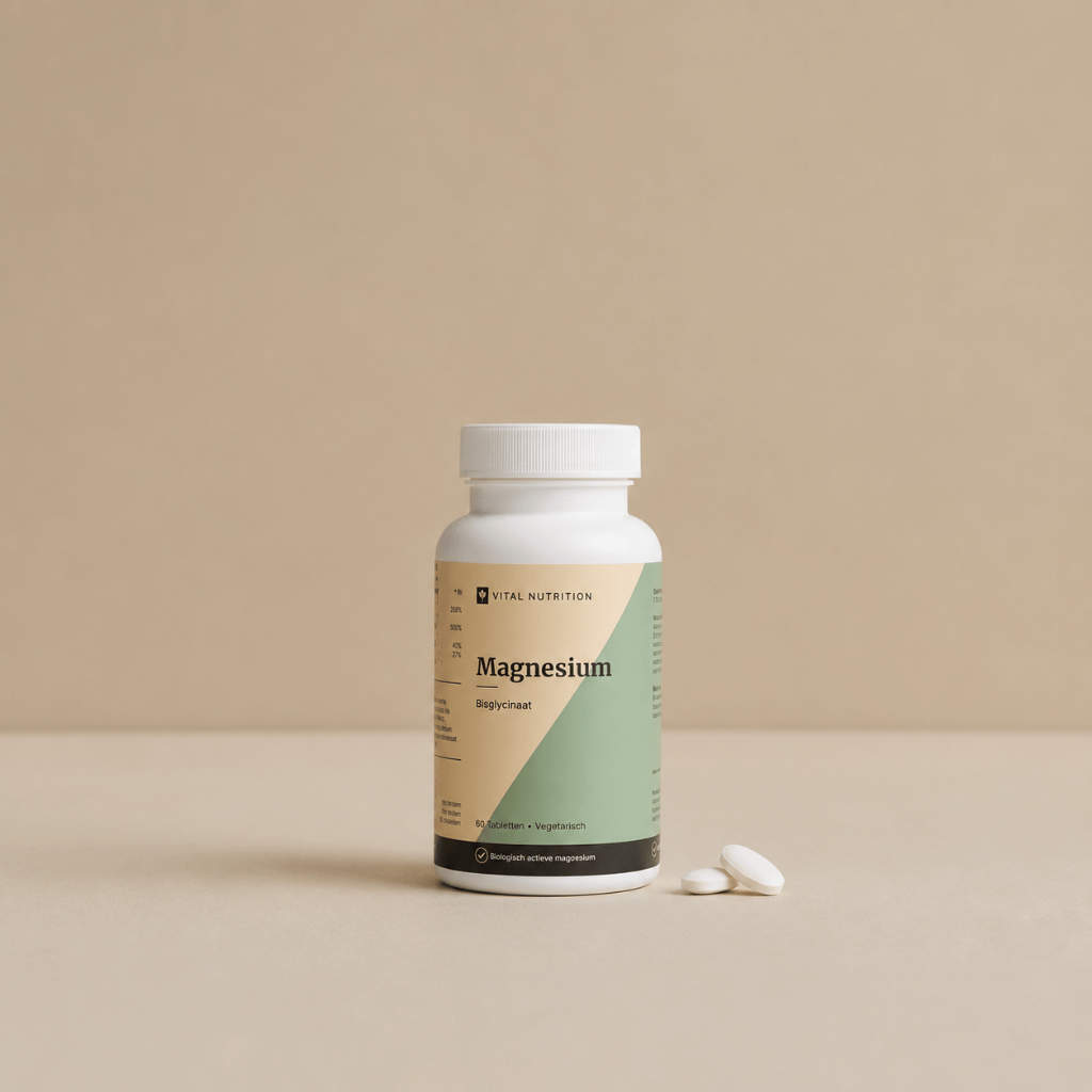Magnesium Bisglycinaat van Vital Nutrition op een beige minimalistische studio ondergrond met kleine ovale tabletten