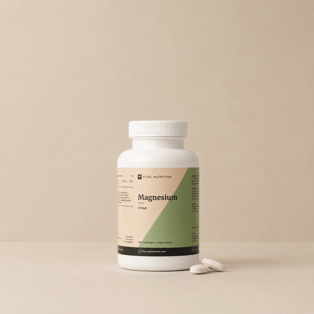 Magnesium Citraat van Vital Nutrition op een beige minimalistische studio ondergrond met ovale tabletten